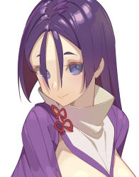 Rule 34 | 1girl, between breasts, blush, breasts, closed mouth, fate/grand order, fate (series), hair between eyes, high collar, large breasts, long hair, looking at viewer, minamoto no raikou (fate), parted bangs, purple eyes, purple hair, ribbed sleeves, simple background, smile, tabard, very long hair, white background