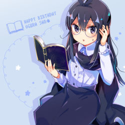 Rule 34 | 1girl, blue background, book, cape, center frills, character name, collared shirt, commentary request, flower, frills, glasses, grimoire, tucking hair, happy birthday, hexagram, holding, holding book, itou izumo, machikado mazoku, magic circle, ogura shion, open book, purple eyes, shirt, solo