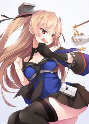 Rule 34 | 1girl, black gloves, black skirt, black thighhighs, blue shirt, blush, breasts, cleavage, collarbone, commentary, food, garter straps, gloves, hair ornament, johnston (kancolle), kantai collection, light brown hair, long hair, medium breasts, mofu namako, nattou, off shoulder, pleated skirt, sailor collar, school uniform, serafuku, shirt, single glove, skirt, solo focus, thighhighs, twintails, two side up, united states medal of honor, white gloves