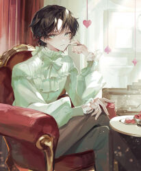 Rule 34 | 1boy, aqua eyes, armchair, black hair, bow, bowtie, brown pants, chair, crossed legs, earrings, feet out of frame, food, frilled shirt collar, frills, green bow, green bowtie, green shirt, hand up, heart, highres, holding, holding food, indoors, jewelry, light smile, long sleeves, looking at viewer, macaron, male focus, original, pants, parted bangs, pinky ring, plate, ring, shirt, short hair, sitting, solo, spade (shape), stud earrings, table, u-sama (u summer0719)