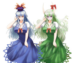 Rule 34 | adjusting eyewear, bespectacled, blue-framed eyewear, blue dress, blue hair, bow, breasts, cleavage, collared dress, dress, ex-keine, glasses, green dress, green hair, hat, highres, horn ornament, horn ribbon, horns, kamishirasawa keine, long hair, multicolored hair, multiple persona, neckerchief, puffy short sleeves, puffy sleeves, red-framed eyewear, red bow, red eyes, red neckerchief, ribbon, short sleeves, sidelocks, silver hair, simple background, tail, tk31, touhou, two-tone hair, white background