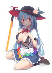 Rule 34 | 1girl, absurdres, bare legs, bikini, bikini top only, black bikini, blue hair, blue skirt, blush, boots, bow, bowtie, breasts, breasts out, brown footwear, cleavage, closed mouth, collaboration, collared shirt, colorized, commentary request, food, fruit, full body, hair between eyes, hands on own chest, highres, hinanawi tenshi, jewelry, large breasts, long hair, looking at viewer, maturiuta sorato, miniskirt, navel, necklace, open clothes, open shirt, peach, petticoat, planted, planted sword, planted weapon, puffy short sleeves, puffy sleeves, red bow, red bowtie, red eyes, shirt, shoes, short sleeves, simple background, sitting, skirt, solo, string bikini, swimsuit, sword, sword of hisou, thighs, touhou, toutenkou, wariza, wavy mouth, weapon, white background, white shirt, wing collar