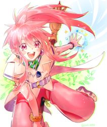 Rule 34 | 1girl, arche klein, belt, bracelet, broom, earrings, elbow gloves, feet out of frame, foot out of frame, gloves, jewelry, liel (andaniel), long hair, pants, pink eyes, pink hair, pink pants, pointy ears, ponytail, simple background, sitting, smile, solo, tales of (series), tales of phantasia, wide ponytail
