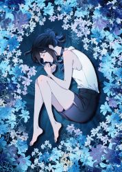 Rule 34 | 1girl, absurdres, bare shoulders, barefoot, black choker, black hair, black skirt, blue flower, blue theme, chainsaw man, chinese commentary, choker, closed eyes, commentary request, floral background, flower, from above, full body, hair bun, highres, lying, neck ribbon, on side, parted lips, profile, reze (chainsaw man), ribbon, shirt, short hair, single hair bun, skirt, sleeping, sleeveless, sleeveless shirt, solo, tobunchudoku, white shirt