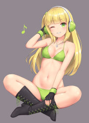 Rule 34 | 1girl, ;d, arm up, bare shoulders, bikini, black footwear, black gloves, blonde hair, boots, breasts, cleavage, collarbone, commentary request, cross-laced footwear, fingerless gloves, gloves, green bikini, green eyes, green nails, grey background, grin, halterneck, headphones, indian style, jewelry, long hair, looking at viewer, medium breasts, musical note, nail polish, navel, necklace, one eye closed, one side up, open mouth, original, sasaame, simple background, sitting, smile, solo, stomach, swimsuit