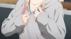 Rule 34 | 1girl, animated, animated gif, blonde hair, breast focus, breasts, cleavage, collarbone, grey jacket, head out of frame, jacket, jewelry, kitagawa marin, large breasts, long hair, long sleeves, nightgown, no bra, ring, solo, sono bisque doll wa koi wo suru, unzipping, yellow nightgown
