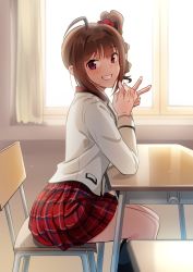 Rule 34 | 1girl, :d, animal ears, backlighting, black socks, blush, brown hair, chair, classroom, curtains, desk, drill hair, feet out of frame, from side, grin, hair ornament, hair scrunchie, idolmaster, idolmaster million live!, indoors, kamille (vcx68), kneehighs, long sleeves, looking at viewer, looking to the side, on chair, open mouth, plaid, plaid skirt, pleated skirt, purple eyes, red skirt, school chair, school desk, school uniform, scrunchie, short hair, side ponytail, sidelocks, sitting, skirt, smile, socks, solo, sparkle, tareme, teeth, uniform series (idolmaster), v, window, yokoyama nao