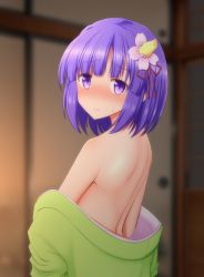 Rule 34 | 1girl, back, bare back, bare shoulders, blurry, blurry background, blush, commentary request, flower, green kimono, hair flower, hair ornament, hieda no akyuu, highres, indoors, japanese clothes, kimono, long sleeves, looking at viewer, looking back, nose blush, off shoulder, pink flower, purple eyes, purple hair, short hair, sidelocks, solo, sweat, teoi (good chaos), touhou, upper body