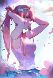 Rule 34 | 1girl, absurdres, arms up, bare arms, blue eyes, blunt bangs, breasts, darling in the franxx, flower, hairband, highres, horns, long hair, medium breasts, one-piece swimsuit, open mouth, outdoors, partially submerged, pink flower, pink hair, solo, swimsuit, tying hair, upper body, very long hair, white hairband, white one-piece swimsuit, xiao gu wang, zero two (darling in the franxx)