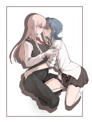 Rule 34 | 2girls, absurdres, asahina yuni, black skirt, black vest, blue hair, brown skirt, drop shadow, hand on another&#039;s arm, hand on another&#039;s waist, haoxiangkan nutong, highres, imminent kiss, knee in crotch, kyou wa kanojo ga inai kara, long hair, medium hair, miniskirt, multiple girls, necktie, open clothes, open skirt, outline, pink hair, pleated skirt, red necktie, shirt, skirt, taki fuuko, tongue, tongue out, vest, white background, white shirt, yuri
