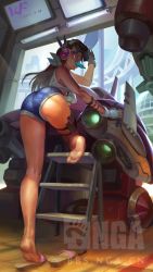 Rule 34 | 1girl, absurdres, ass, bare shoulders, breasts, brown eyes, brown hair, d.va (overwatch), denim, denim shorts, feet, food, from behind, gloves, highres, leg up, legs, li chunfu, long hair, long legs, looking at viewer, looking back, mecha, overwatch, overwatch 1, popsicle, pussy, pussy peek, robot, sandals, short shorts, shorts, small breasts, solo, tank top, thighs, toes, underboob, upshorts, watermark, wrench