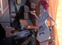 Rule 34 | 1girl, alternate costume, apple pie, arknights, blurry, box, breasts, cardboard box, casual, character print, chinese commentary, clock, cowboy shot, cup, curtains, depth of field, drawer, dress, drink, exusiai (arknights), food, gun, handgun, highres, holding, holding food, looking at viewer, machine gun, mirrorya, no wings, paper, penguin logistics logo, pie, red eyes, red hair, self character print, short hair, sleeveless, sleeveless dress, small breasts, solo focus, spaghetti strap, sticky note, sweatdrop, table, thighs, weapon, white dress