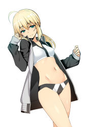Rule 34 | 1girl, ahoge, artoria pendragon (all), artoria pendragon (fate), artoria pendragon (swimsuit archer) (second ascension) (fate), bikini, black footwear, blonde hair, breasts, collarbone, fate/grand order, fate (series), green eyes, grey jacket, highres, jacket, long hair, long sleeves, looking at viewer, low ponytail, namonashi, navel, open clothes, open jacket, saber (fate), sidelocks, simple background, small breasts, swimsuit, thighs, white background