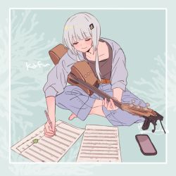 Rule 34 | 1girl, closed eyes, guitar, hmng, instrument, pants, phone, shirt, sitting, smile, solo, writing