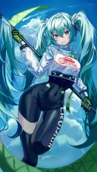 Rule 34 | 1girl, absurdres, ahoge, blue eyes, blue hair, bodysuit, breasts, cloud, covered navel, day, feet out of frame, flag, gloves, gluteal fold, goodsmile racing, hair between eyes, hatsune miku, highres, holding, holding flag, long hair, long sleeves, looking at viewer, medium breasts, outdoors, parted lips, poise, racing miku, racing miku (2022), single thighhigh, smile, solo, teeth, thighhighs, twintails, very long hair, vocaloid