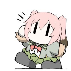 Rule 34 | 1girl, black footwear, brown hair, chibi, colored tips, fur-trimmed sleeves, fur trim, green jacket, green skirt, hand on own head, jacket, kantai collection, kunashiri (kancolle), long sleeves, multicolored hair, no mouth, pink hair, pleated skirt, red neckwear, red ribbon, ribbon, shoes, short hair, simple background, skirt, solo, task (s task80), two-tone hair, two side up, white background, | |