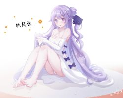 Rule 34 | 1girl, artist name, azur lane, barefoot, breasts, chinese commentary, cleavage, detached sleeves, dress, emila a1, feet, hair bun, knees up, legs, long hair, open mouth, panties, purple eyes, purple hair, ribbon, side ponytail, simple background, single hair bun, sitting, smile, soles, solo, thighs, toes, underwear, unicorn (azur lane), very long hair, white background, white dress, white panties