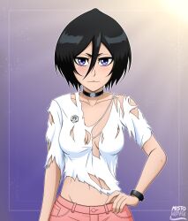 Rule 34 | 1girl, black choker, black hair, bleach, blue eyes, blush, breasts, choker, closed mouth, collarbone, hand on own hip, highres, kuchiki rukia, looking at viewer, mistowing, navel, no bra, pants, pink pants, shirt, short hair, small breasts, smile, solo, torn clothes, torn shirt, upper body, white shirt