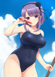 Rule 34 | 10s, 1girl, anal beads, blue sky, blush, breasts, cleavage, cloud, competition school swimsuit, covered navel, dagashi kashi, day, covered erect nipples, female focus, flower, hair flower, hair ornament, highleg, highleg swimsuit, highres, large breasts, looking at viewer, mizunashi kenichi, one-piece swimsuit, purple eyes, purple hair, school swimsuit, sex toy, shidare hotaru, sky, smile, solo, swimsuit