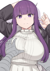 Rule 34 | 1boy, 1girl, bandaged arm, bandages, black coat, blunt bangs, blush, breasts, coat, commentary, dress, fern (sousou no frieren), grabbing, grabbing another&#039;s breast, large breasts, long hair, long sleeves, looking at viewer, open clothes, open coat, purple eyes, purple hair, shiseki hirame, sidelocks, simple background, solo focus, sousou no frieren, symbol-only commentary, white background, white dress