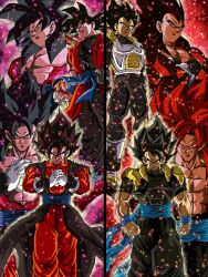 Rule 34 | 4boys, abs, absurdres, armor, aura, black eyes, black hair, black shirt, blue eyes, brown hair, clenched hand, commentary request, crossed arms, dragon ball, dragon ball heroes, dual persona, earrings, frown, gloves, gogeta, gogeta (xeno), highres, hiro (udkod1ezlyi2flo), jewelry, male focus, metamoran vest, multiple boys, muscular, muscular male, pectorals, potara earrings, red hair, shirt, smile, son goku, son goku (xeno), super saiyan, super saiyan 4, t-shirt, tight clothes, tight shirt, vegeta, vegeta (xeno), vegetto, vegetto (xeno), white gloves, widow&#039;s peak, yellow eyes