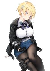 Rule 34 | 1girl, black gloves, black jacket, black pantyhose, blonde hair, blue eyes, blue skirt, blush, breasts, closed mouth, collared shirt, girls&#039; frontline, gloves, hair ornament, highres, jacket, large breasts, long sleeves, mole, mole under eye, panties, panties under pantyhose, pantyhose, sakippo (sakippo0), shirt, shirt tucked in, short hair, simple background, sitting, skirt, snowflake hair ornament, solo, underwear, vsk-94 (girls&#039; frontline), white background, white shirt