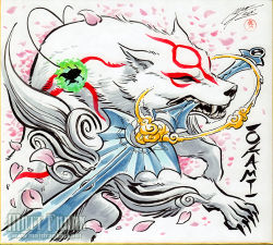 Rule 34 | amaterasu (ookami), animal, bodypaint, cherry blossoms, highres, issun, matt frank, no humans, ookami (game), rosary, sword, weapon, wolf