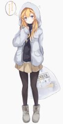 Rule 34 | 1girl, abukuma (kancolle), alternate costume, alternate hairstyle, bag, beige skirt, black pantyhose, black sweater, blonde hair, blue eyes, boots, commentary request, cross-laced footwear, failure penguin, full body, grey footwear, hair down, highres, hood, hood up, hooded jacket, hoodie, jacket, kantai collection, lace-up boots, long hair, looking at viewer, miss cloud, pantyhose, plastic bag, pleated skirt, sa-ya2, simple background, skirt, solo, stuffed toy, sweater, translation request, white background, white jacket