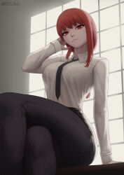 Rule 34 | 1girl, black necktie, black pants, bra visible through clothes, breasts, chainsaw man, collared shirt, crossed legs, curvy, desk, from below, indoors, kris null, looking at viewer, makima (chainsaw man), medium breasts, medium hair, necktie, on desk, pants, red eyes, red hair, shirt, sitting, on desk, solo, twitter username, white shirt