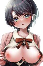 Rule 34 | 1girl, black hair, blush, breasts, breasts out, collarbone, green eyes, hair ribbon, highres, hololive, large breasts, looking at viewer, mori (pepekataokapepe), nipples, no bra, oozora subaru, open clothes, open mouth, open shirt, ribbon, short hair, solo, sweater, swept bangs, unbuttoned, unbuttoned shirt, upper body, virtual youtuber, white background