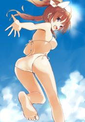 Rule 34 | 1girl, ahoge, ass, bikini, blue sky, brown hair, cloud, commentary request, day, feet out of frame, from behind, grey eyes, hair ribbon, halterneck, kagerou (kancolle), kagerou kai ni (kancolle), kantai collection, long hair, looking at viewer, looking back, open mouth, ribbon, side-tie bikini bottom, sky, smile, solo, swimsuit, teeth, twintails, upper teeth only, white bikini, white ribbon, yamashichi (mtseven)