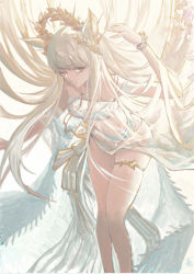 Rule 34 | 1girl, animal ears, arknights, bare legs, bikini, breasts, commentary, feet out of frame, hand up, highres, laurel crown, leaning forward, long hair, looking at viewer, medium breasts, official alternate costume, one eye closed, parted lips, photoshop (medium), platinum (arknights), platinum (shimmering dew) (arknights), shidai, silver hair, solo, standing, swimsuit, thighs, very long hair, white bikini