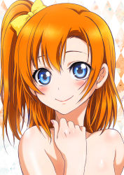 Rule 34 | 1girl, absurdres, argyle, argyle background, argyle clothes, blue eyes, blush, bow, brown hair, closed mouth, collarbone, completely nude, hair between eyes, hair bow, high ponytail, highres, kosaka honoka, long hair, looking at viewer, love live!, love live! school idol project, nanno koto, nude, page number, portrait, shiny skin, side ponytail, smile, solo, yellow bow