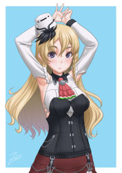 Rule 34 | 1girl, armpits, arms up, bare shoulders, black eyes, black skirt, blonde hair, blue background, border, braid, brown eyes, commentary request, corset, french braid, hat, highres, kantai collection, long hair, looking at viewer, mini hat, miniskirt, shirt, skirt, solo, t2r, two-tone background, wavy hair, white border, white hat, white shirt, zara (kancolle)