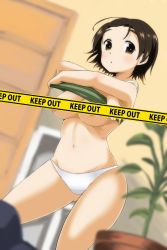 Rule 34 | 1girl, :o, areola slip, blurry, blurry background, blurry foreground, blush, breasts, brown eyes, brown hair, camisole, caution tape, censored, censored nipples, clothes lift, commentary, crotch seam, depth of field, dutch angle, english text, girls und panzer, green shirt, highres, indoors, lifted by self, looking at viewer, medium breasts, nana (manaita koumuten), panties, parted bangs, parted lips, plant, sawa azusa, shirt, shirt lift, short hair, skindentation, solo, standing, underwear, underwear only, undressing, white panties