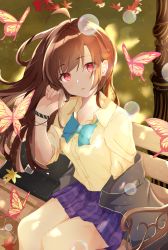 Rule 34 | 1girl, absurdres, antenna hair, autumn leaves, bag, bench, blazer, blue ribbon, brown hair, bubble, bug, butterfly, floating hair, highres, insect, jacket, lamppost, long hair, open mouth, red eyes, ribbon, school uniform, sitting, skirt, solo, vayneeeee, wristband