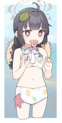 Rule 34 | 1girl, ahoge, black hair, blue archive, braid, day, halo, hat, highres, long hair, looking at viewer, miyu (blue archive), miyu (swimsuit) (blue archive), navel, outdoors, pacifier, red eyes, solo, standing, starfish, sun hat, sweatdrop, swimsuit, twin braids, yukie (kusaka shi)