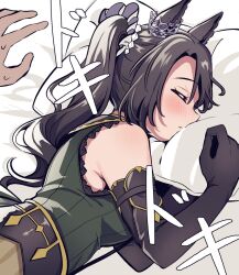 Rule 34 | 1girl, animal ears, bare shoulders, bed, black gloves, black hair, blush, breasts, closed eyes, ear ornament, ear scrunchie, elbow gloves, gloves, green sweater, hair between eyes, hair ornament, heartbeat, highres, horse ears, horse girl, long hair, medium breasts, pillow, pov, pov hands, revision, ribbed sweater, satomachi, satono crown (umamusume), scrunchie, side ponytail, sleeping, sleeveless, solo focus, sweater, umamusume, white scrunchie