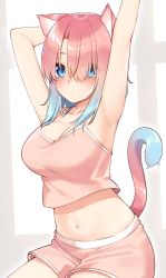 Rule 34 | 1girl, absurdres, animal ears, armpits, arms up, blue eyes, breasts, camisole, cat ears, cat girl, cat tail, cleavage, collarbone, crop top, crop top overhang, eyes visible through hair, go-1, gradient hair, hair over one eye, highres, large breasts, long hair, looking at viewer, midriff, multicolored hair, navel, original, pink hair, pink shirt, pink shorts, shirt, short shorts, shorts, simple background, sleeveless, sleeveless shirt, solo, spaghetti strap, stomach, tail, white background