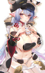 Rule 34 | 1girl, animal costume, animal ears, animal print, blue hair, blush, bottle, breasts, catura (granblue fantasy), cleavage, cow costume, cow ears, cow girl, cow hat, cow hood, cow horns, cow print, curvy, doushite, draph, ear piercing, granblue fantasy, highres, horns, huge breasts, large breasts, long hair, looking at viewer, micro shorts, milk bottle, piercing, purple eyes, see-through, shorts, sitting, solo, white shorts, wide hips