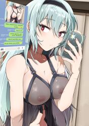 Rule 34 | 1girl, absurdres, alternate language, babydoll, black babydoll, blue hair, breasts, cleavage, closed mouth, collarbone, commentary request, covered erect nipples, english text, girls&#039; frontline, hair between eyes, hairband, highres, holding, holding phone, inverted nipples, kuzumotsu, large breasts, lingerie, long hair, looking at viewer, midriff, multiple scars, navel, nipples, partial commentary, phone, red eyes, scar, scar on neck, see-through, see-through shirt, selfie, solo, thunder (girls&#039; frontline), underwear
