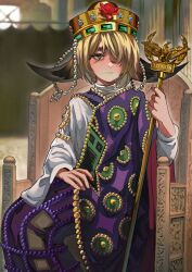 Rule 34 | 1girl, absurdres, antangonist, bird, blonde hair, byzantine empire, dress, eagle, expressionless, gem, gold crown, greco-roman clothes, green eyes, highres, holding, holding scepter, horns, looking at viewer, pallas (arknights), pearl (gemstone), purple dress, scepter, short hair, sitting on throne, white dress, wooden chair