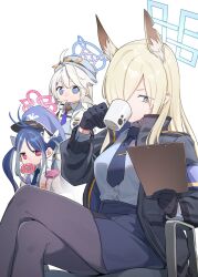 Rule 34 | 3girls, ahoge, animal ear fluff, animal ears, antenna hair, black gloves, black jacket, black pantyhose, blonde hair, blue archive, blue eyes, blue hair, blue headwear, blue necktie, bow, clipboard, coffee mug, crossed legs, cup, doughnut, drinking, feet out of frame, food, food in mouth, fubuki (blue archive), gloves, grey eyes, grey hair, hair bow, hair over one eye, halo, hand up, hat, highres, holding, holding clipboard, jacket, kanna (blue archive), kirino (blue archive), long sleeves, looking at another, looking at object, mouth hold, mug, multicolored hair, multiple girls, multiple hair bows, necktie, open clothes, open jacket, pantyhose, peaked cap, pencil skirt, pink eyes, police, police hat, police uniform, shirt tucked in, sho bu 1116, simple background, sitting, skirt, streaked hair, swept bangs, tie clip, twintails, uniform, walkie-talkie, whistle, white background, white bow, white hair, white jacket