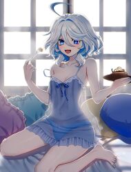 Rule 34 | 1girl, absurdres, ahoge, bare arms, bare legs, bed, blue eyes, blue nails, blue panties, breasts, cake, cake slice, esu (tasoesu), food, fork, frilled pillow, frills, furina (genshin impact), genshin impact, hair between eyes, highres, holding, holding fork, kneeling, lingerie, medium hair, nail polish, on bed, open mouth, panties, pillow, plate, see-through, small breasts, solo, teddy (lingerie), underwear, white hair, window