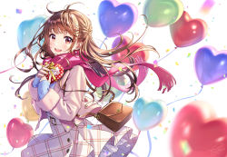 Rule 34 | 1girl, :d, bag, balloon, belt buckle, blush, box, brown eyes, brown hair, buckle, casual, commentary request, confetti, cowboy shot, floating hair, from side, gift, handbag, heart, heart-shaped box, heart balloon, highres, holding, holding gift, jacket, long sleeves, looking at viewer, looking to the side, morikura en, one side up, open clothes, open jacket, open mouth, original, pink jacket, pink scarf, pink skirt, plaid, plaid skirt, scarf, shoulder bag, signature, simple background, skirt, sleeves past wrists, smile, solo, white background, wind