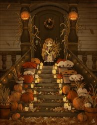 Rule 34 | 1girl, autumn, autumn leaves, candle, door, dress, facing viewer, fire, frilled dress, frills, full body, hackto, hair ornament, hairclip, house, long hair, looking at viewer, orange eyes, orange hair, original, outdoors, porch, pumpkin, solo, stairs, wheat bundle, wreath