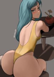 Rule 34 | 1girl, ass, ass focus, blue eyes, blue hair, blush, breasts, chair, choker, curvy, dragon ball, dragonball z, drink, evildeerxx, highleg, highleg swimsuit, highres, huge ass, long hair, looking at viewer, looking back, looking to the side, maron (dragon ball), medium breasts, one-piece swimsuit, sitting, skindentation, swimsuit, table, very long hair, wide hips, yellow one-piece swimsuit
