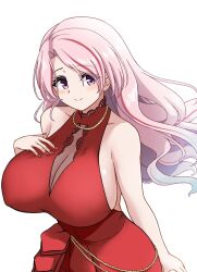 Rule 34 | 1girl, bare shoulders, blush, breasts, cleavage, dress, gradient hair, hand on own chest, highres, huge breasts, jewelry, kantai collection, long hair, looking at viewer, luigi di savoia duca degli abruzzi (kancolle), multicolored hair, nail polish, necklace, official alternate costume, pink eyes, pink hair, red dress, red hair, red nails, simple background, sleeveless, sleeveless dress, smile, solo, streaked hair, suke (share koube), white background