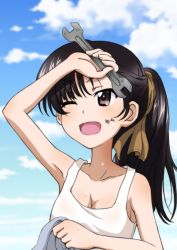 Rule 34 | 1girl, alternate hairstyle, arm up, asymmetrical bangs, black eyes, black hair, blue sky, breasts, brown ribbon, cleavage, cloud, cloudy sky, commentary, day, dirty, dirty face, girls und panzer, hair ribbon, hair up, holding, holding towel, holding wrench, key (gaigaigai123), long hair, medium breasts, nishi kinuyo, one eye closed, open mouth, ribbon, shirt, sky, smile, solo, sweat, tank top, towel, white shirt, wiping sweat, wrench