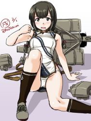Rule 34 | 1girl, alternate costume, anchor symbol, black eyes, black hair, black socks, braid, china dress, chinese clothes, commentary request, dated, dress, hair between eyes, isonami (kancolle), kantai collection, looking at viewer, machinery, one-hour drawing challenge, panties, pantyshot, sidelocks, sitting, smokestack, socks, solo, tatsumi ray, twin braids, twitter username, underwear, white dress, white panties